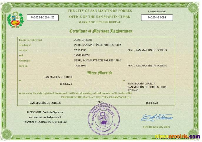 Realistic Peru Marriage Certificate Word And PDF Template