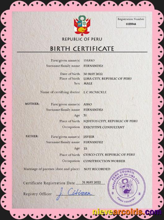 Professional Peru Vital Record Birth Certificate PSD Template