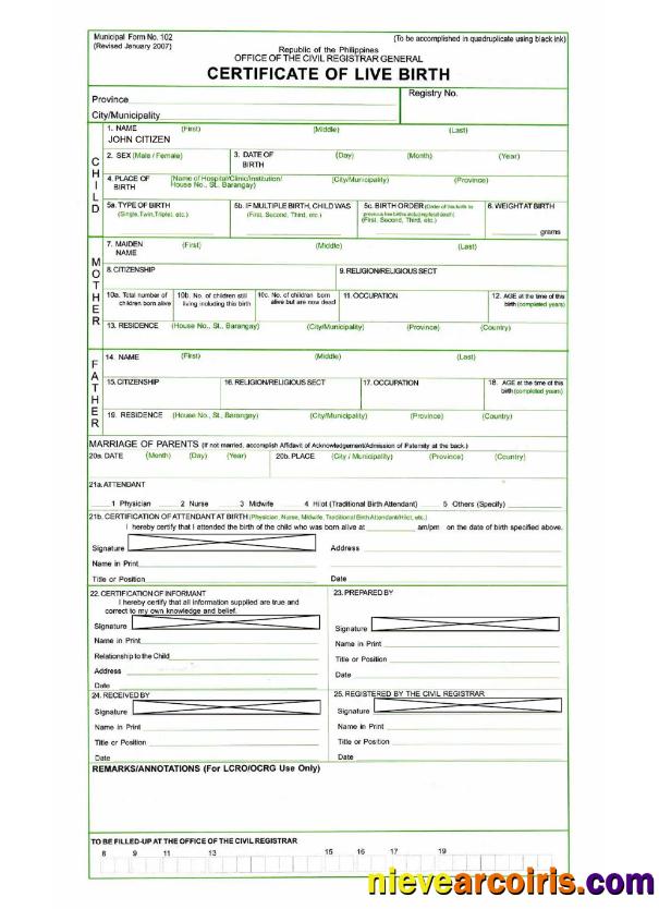 Philippines Certificate Of Live Birth Preview