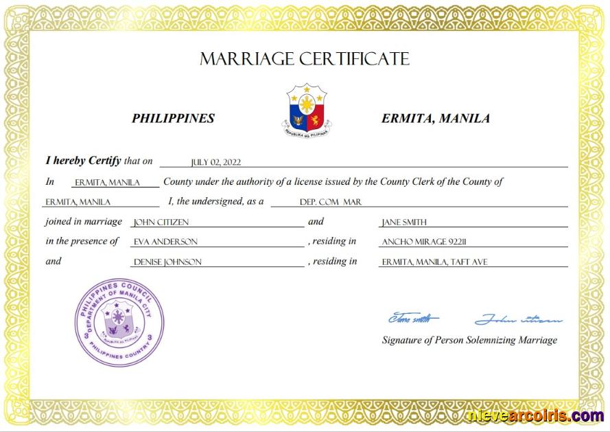 Realistic Philippines Marriage Certificate Word And PDF Template