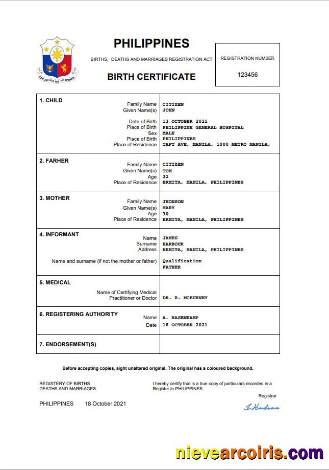Realistic Philippines Vital Record Birth Certificate Word And PDF Template