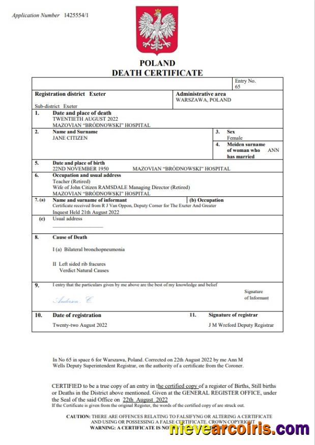 Realistic Poland Death Certificate Word And PDF Template