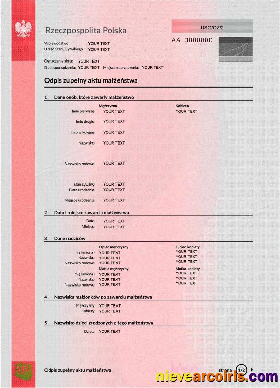 Poland Marriage Certificate PSD 1 Template