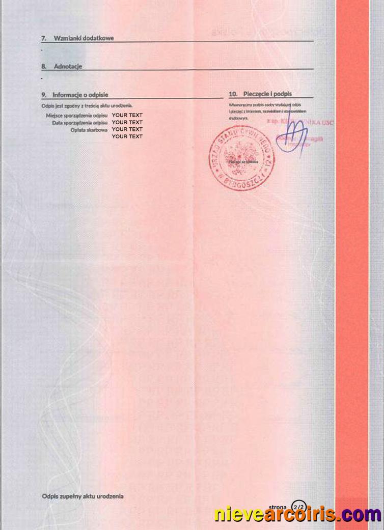 Poland Marriage Certificate PSD 2 Sample