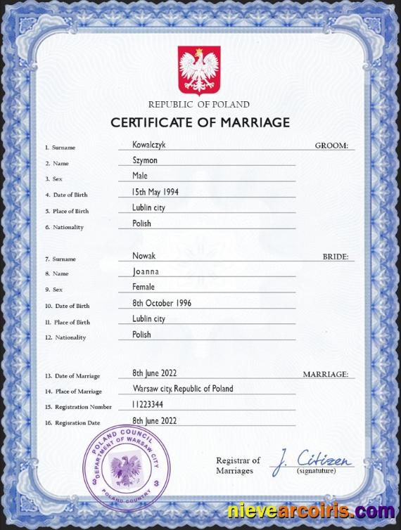 Premium Poland Marriage Certificate PSD Template