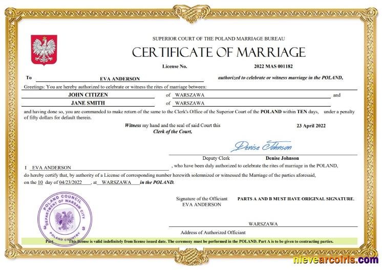 Realistic Poland Marriage Certificate Word And PDF Template