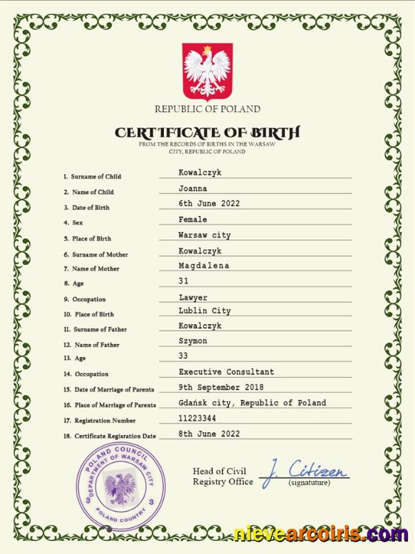 Premium Poland Vital Record Birth Certificate PSD Template,
