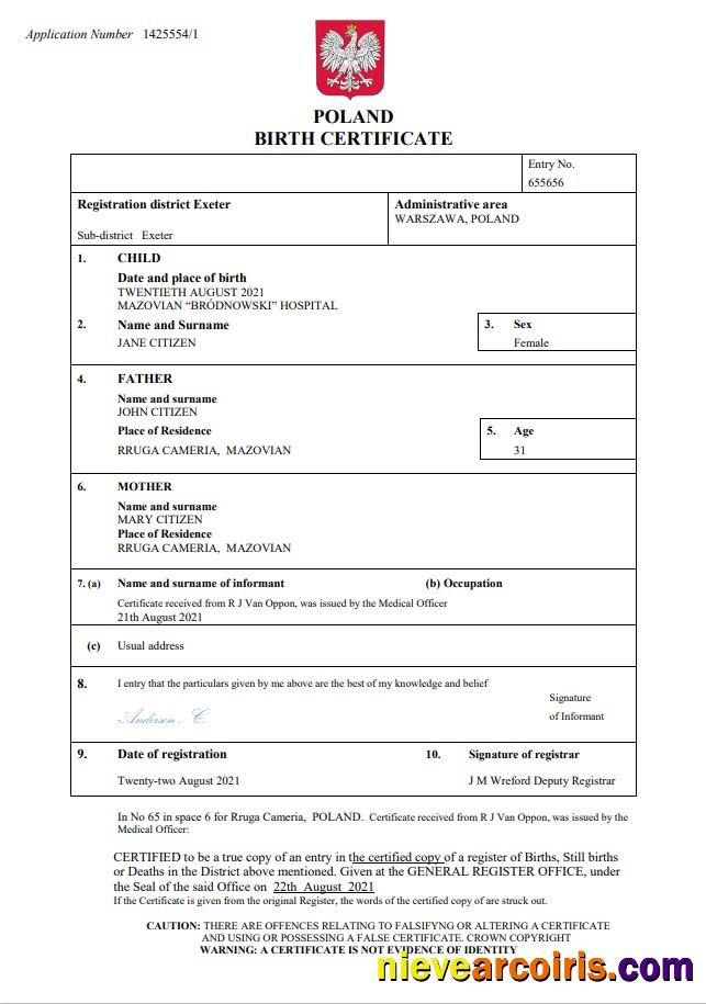 Realistic Poland Vital Record Birth Certificate Word And PDF Template