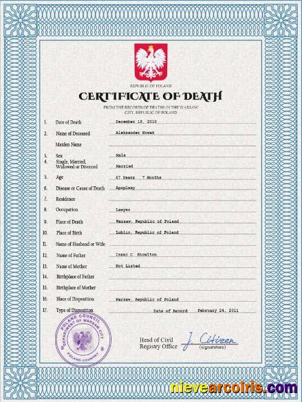 Editable Poland Vital Record Death Certificate PSD Template