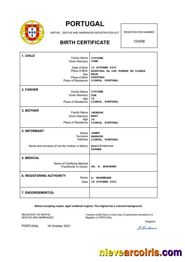 Realistic Portugal Birth Certificate Word And PDF Template