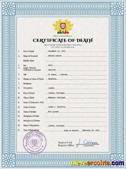 Realistic Portugal Death Certificate PSD Template
