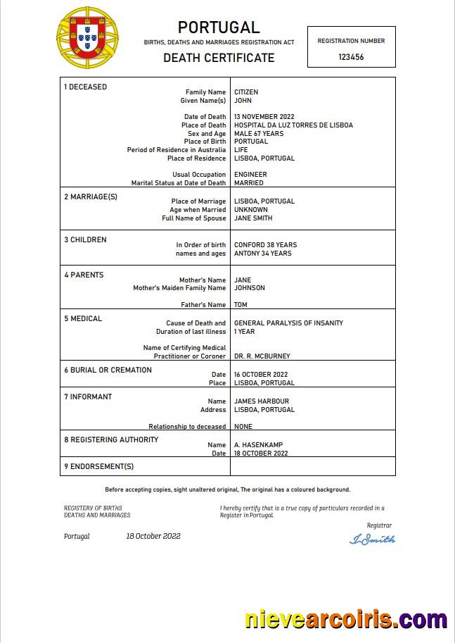 Professional Portugal Death Certificate Word And PDF Template