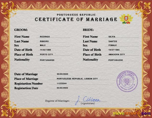 Premium Portugal Marriage Certificate PSD Template