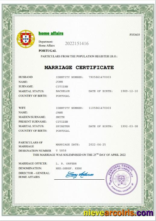 Professional Portugal Marriage Certificate Word And PDF Template