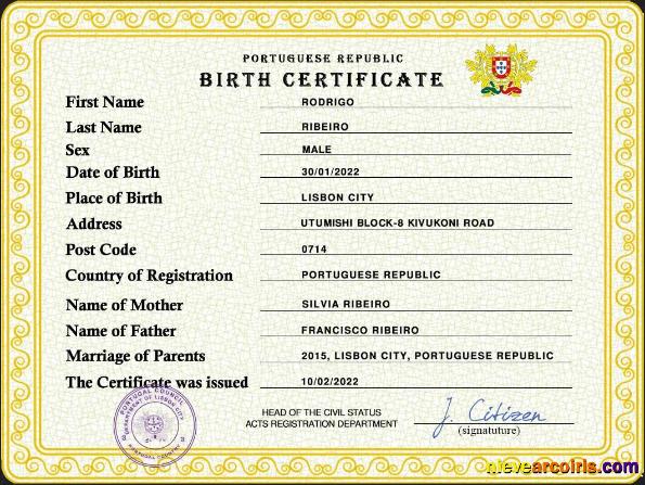 Realistic Portugal Vital Record Birth Certificate PSD Template