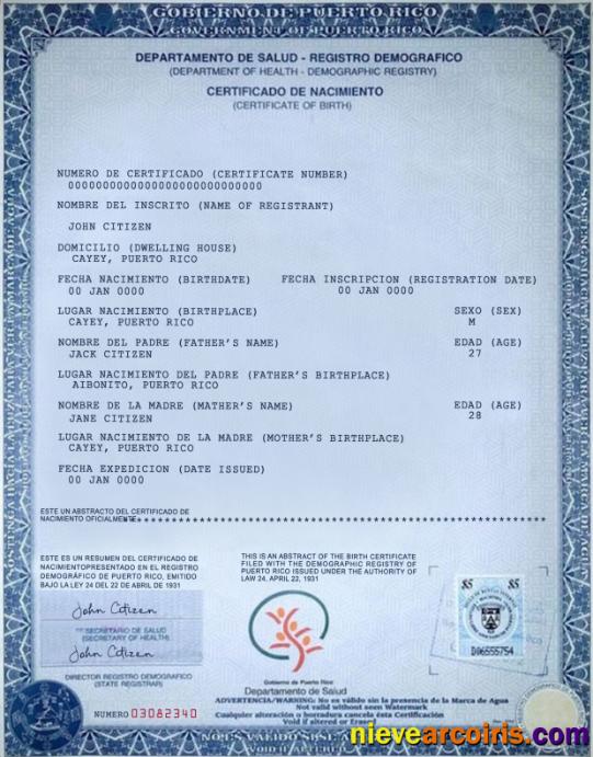 Puerto Rico Certificate Of Birth Template