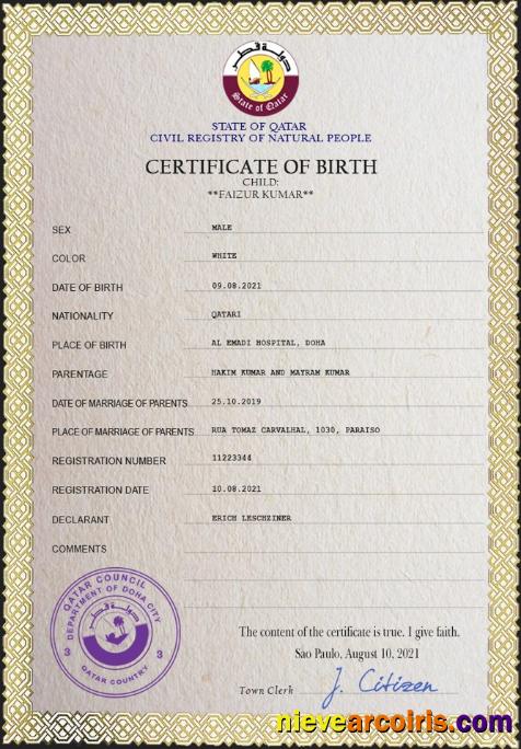 Professional Qatar Birth Certificate PSD Template