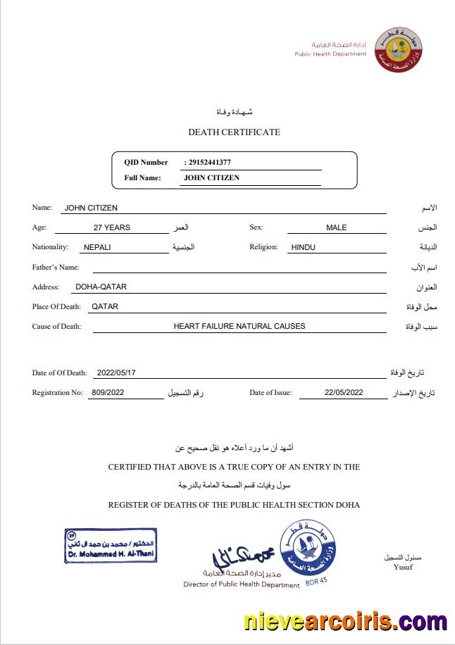 Editable Qatar Death Certificate Template In Word And PDF Format