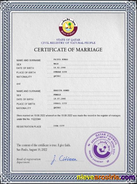 Editable Qatar Marriage Certificate PSD Template