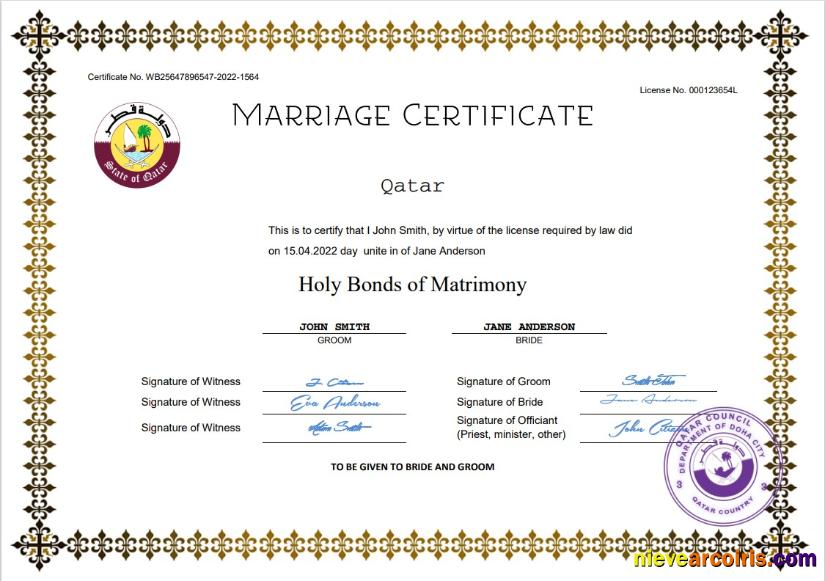Realistic Qatar Marriage Certificate Word And PDF Template