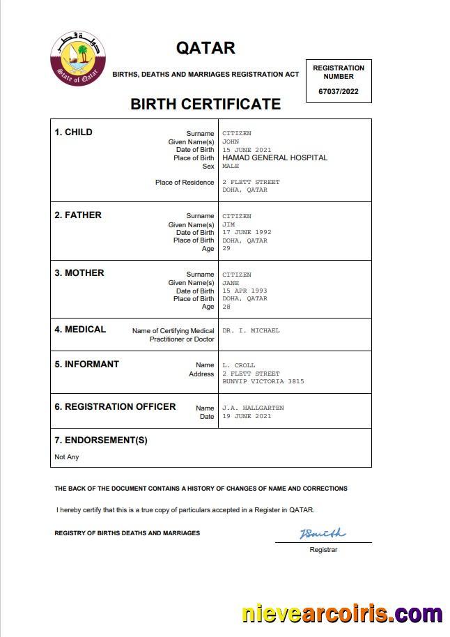 Professional Qatar Vital Record Birth Certificate Word And PDF Template