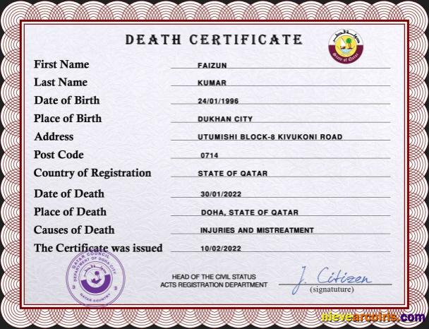 Realistic Qatar Vital Record Death Certificate PSD Template