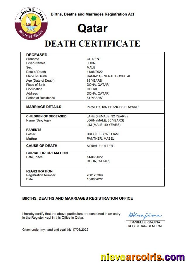 Premium Qatar Vital Record Death Certificate Word And PDF Template