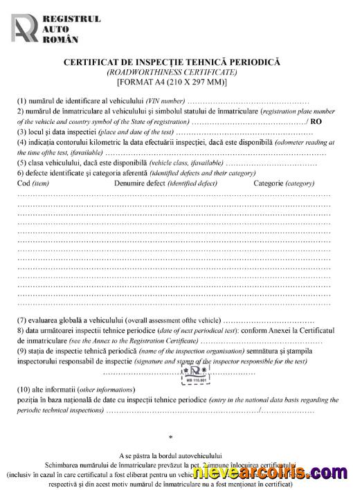 Romania Registrul Auto Român Periodic Technical Inspection Certificate (roadworthiness Certificate) Template
