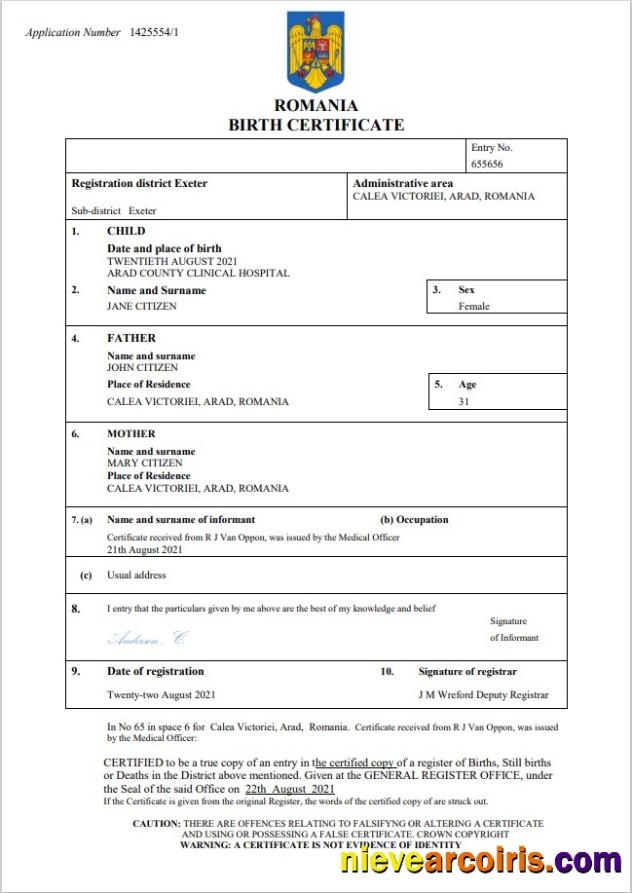 Editable Romania Birth Certificate Word And PDF Template