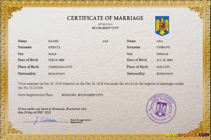 Realistic Romania Marriage Certificate PSD Template, Fully Editable