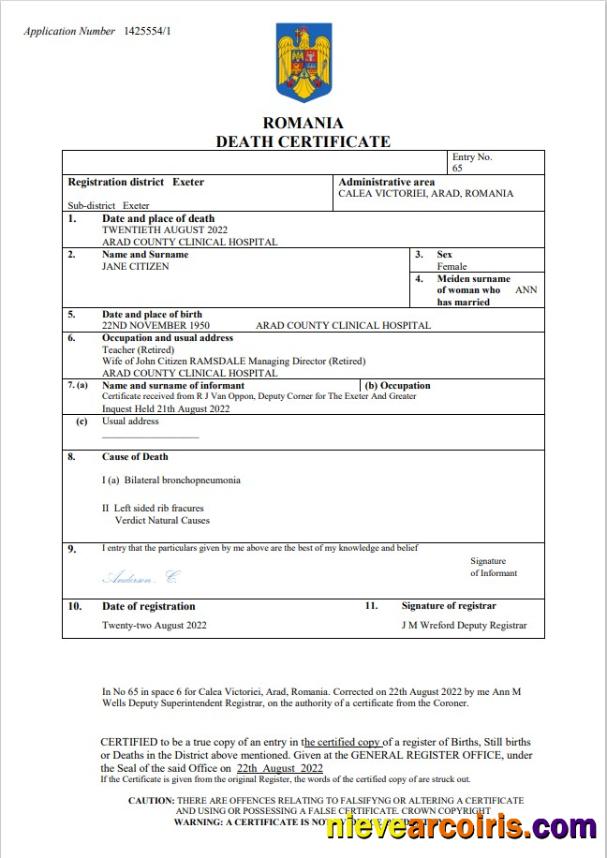Editable Romania Vital Record Death Certificate Word And PDF Template