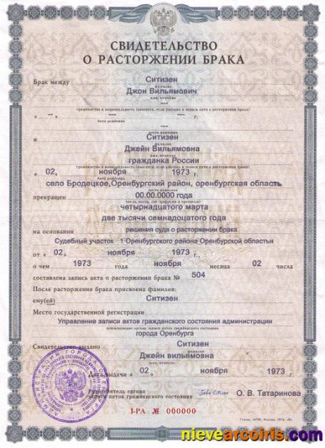 Russia (Orenburg) Divorce Certificate Photolook