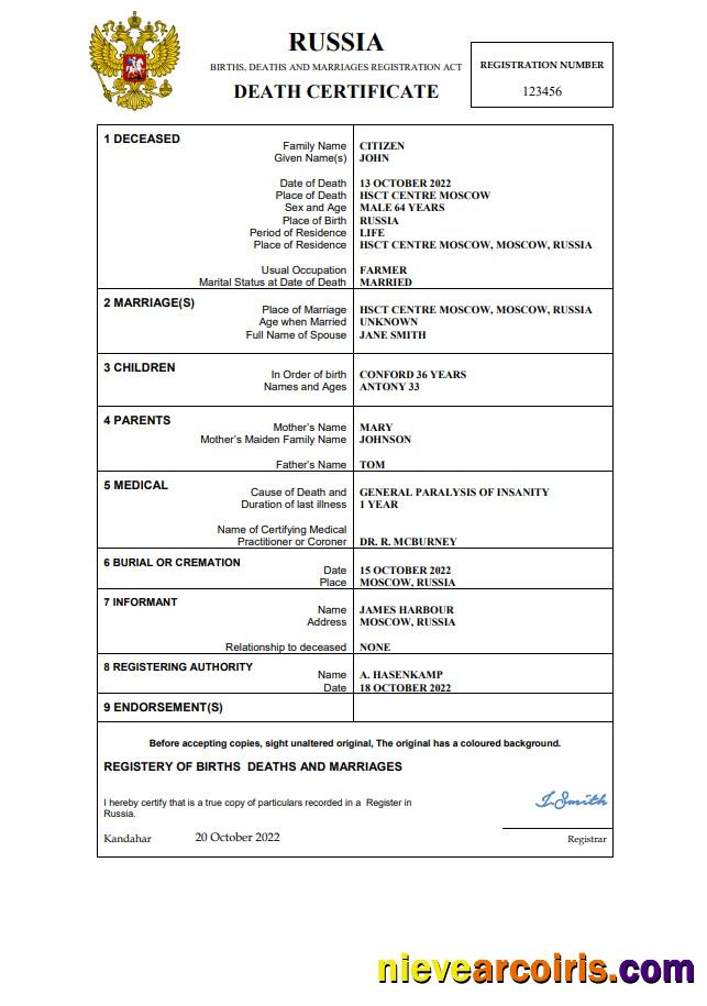 Premium Russia Death Certificate Word And PDF Template