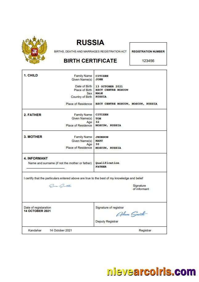 Professional Russia Vital Record Birth Certificate Word And PDF Template, Completely Editable