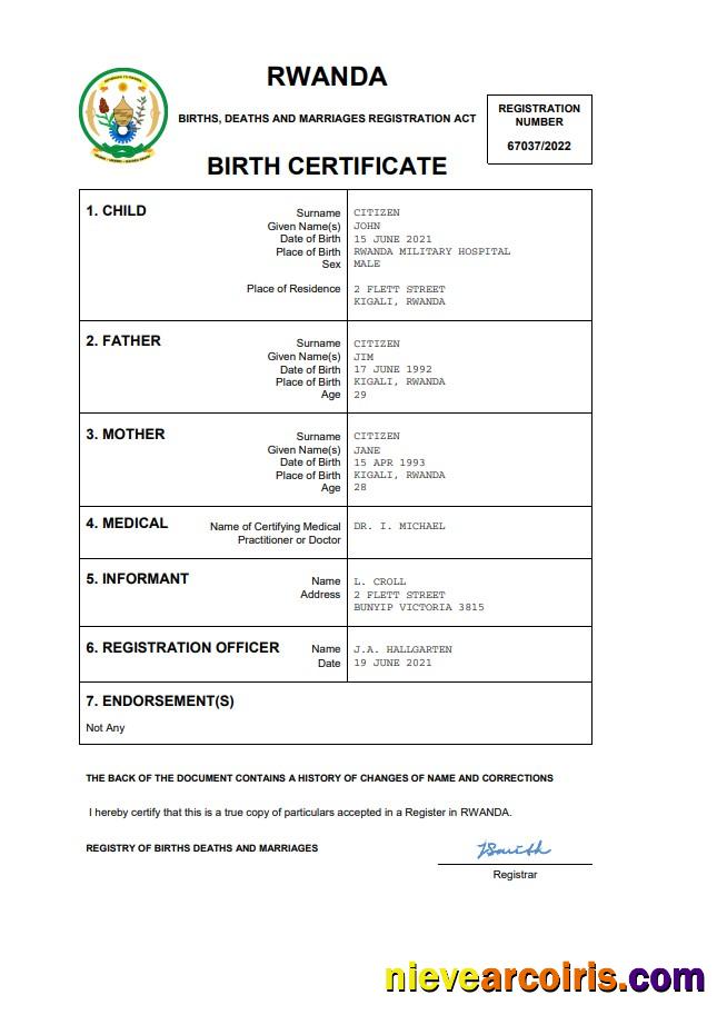Realistic Rwanda Birth Certificate Word And PDF Template