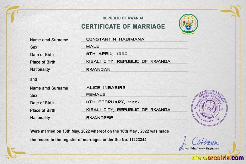 Realistic Rwanda Marriage Certificate PSD Template