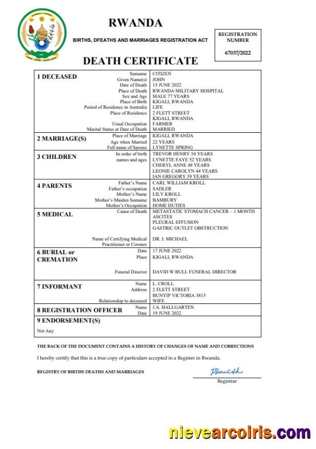 Premium Rwanda Vital Record Death Certificate Word And PDF Template