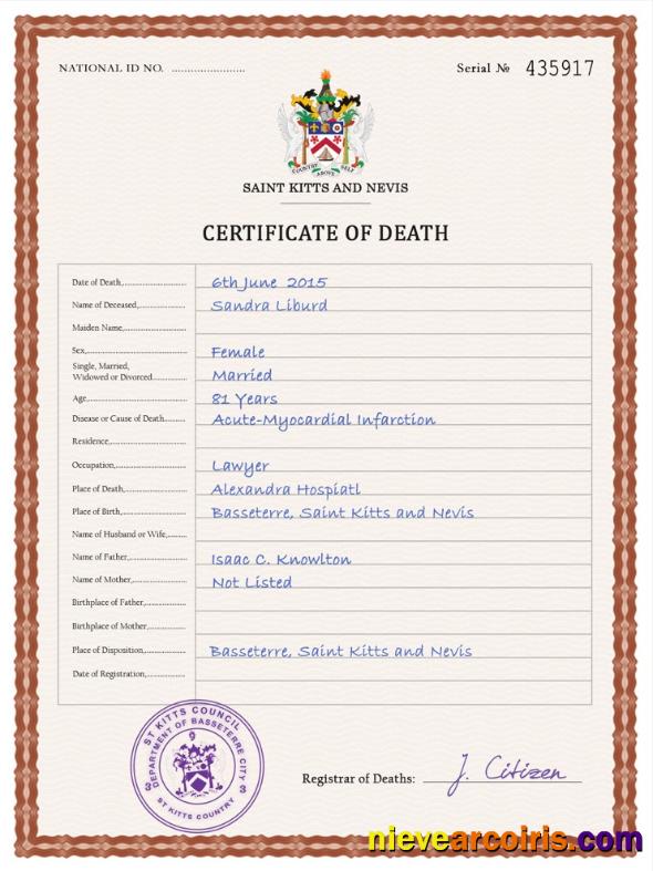 Realistic Saint Kitts And Nevis Death Certificate PSD Template