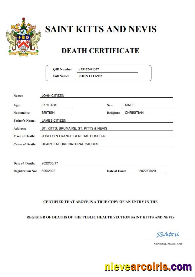 Professional Saint Kitts And Nevis Vital Record Death Certificate Word And PDF Template