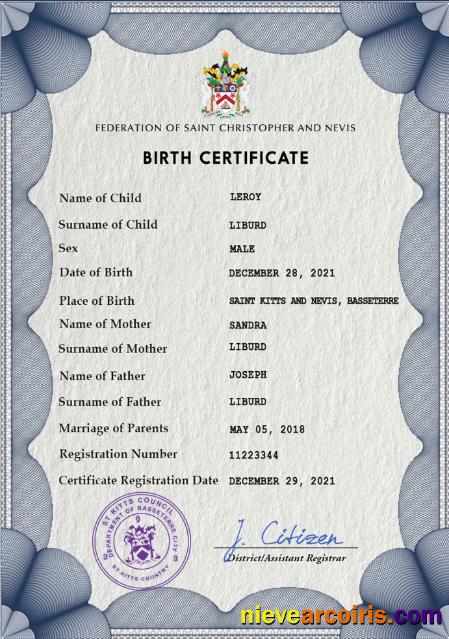 Professional Saint Kitts Vital Record Birth Certificate PSD Template