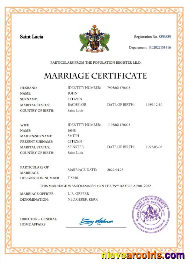 Professional Saint Lucia Marriage Certificate Word And PDF Template