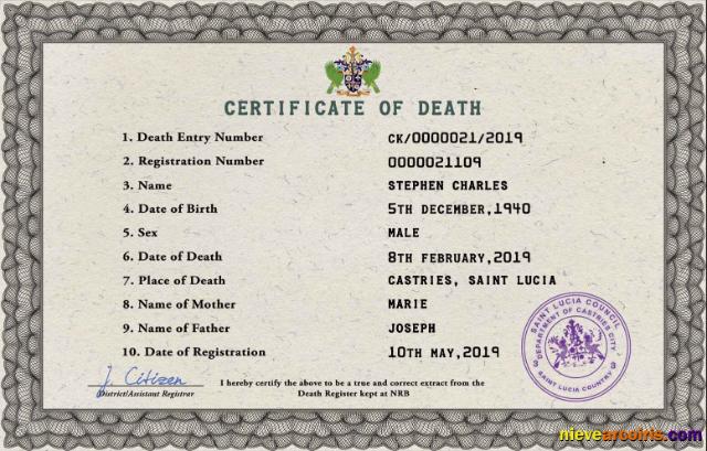 Premium Saint Lucia Vital Record Death Certificate PSD Template