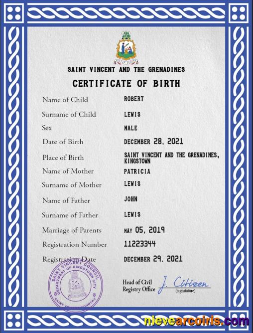 Editable Saint Vincent And The Grenadines Birth Certificate PSD Template