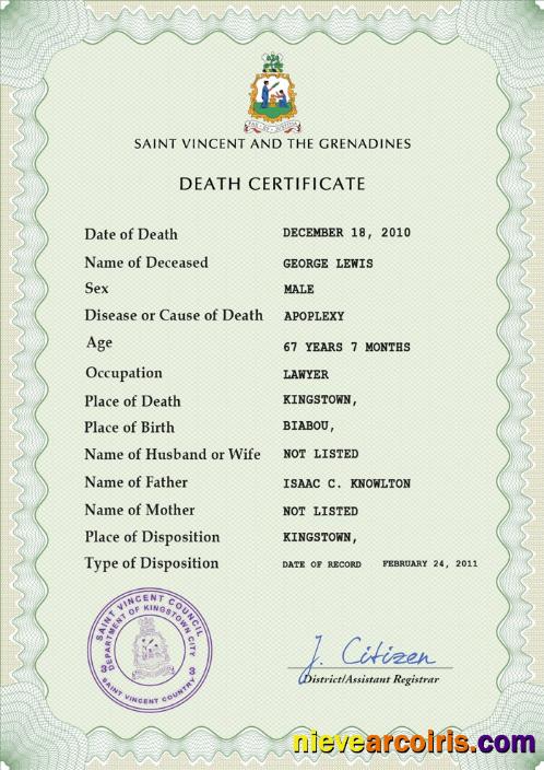 Editable Saint Vincent And The Grenadines Death Certificate PSD Template