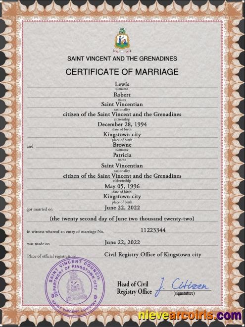 Saint Vincent And The Grenadines Marriage Certificate Sample