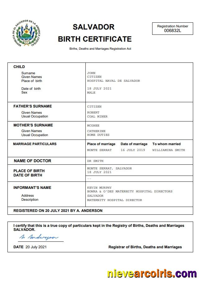 Realistic Salvador Birth Certificate Word And PDF Template