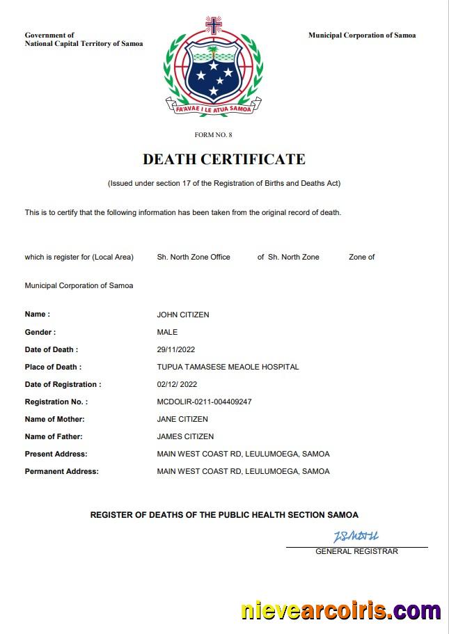 Premium Samoa Death Certificate Word And PDF Template