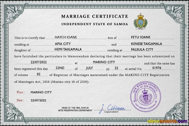 Editable Samoa Marriage Certificate PSD Template