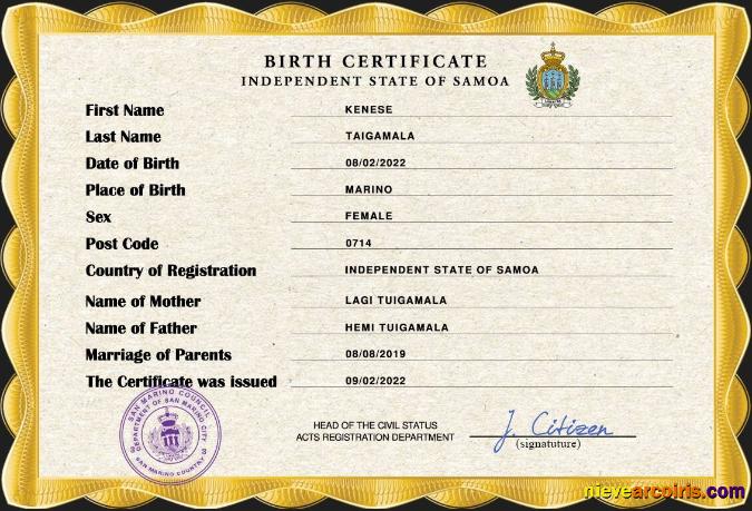 Premium Samoa Vital Record Birth Certificate PSD Template
