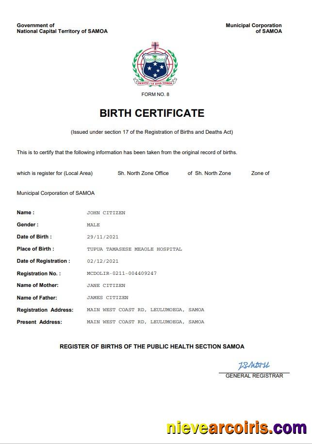 Realistic Samoa Vital Record Birth Certificate Word And PDF Template